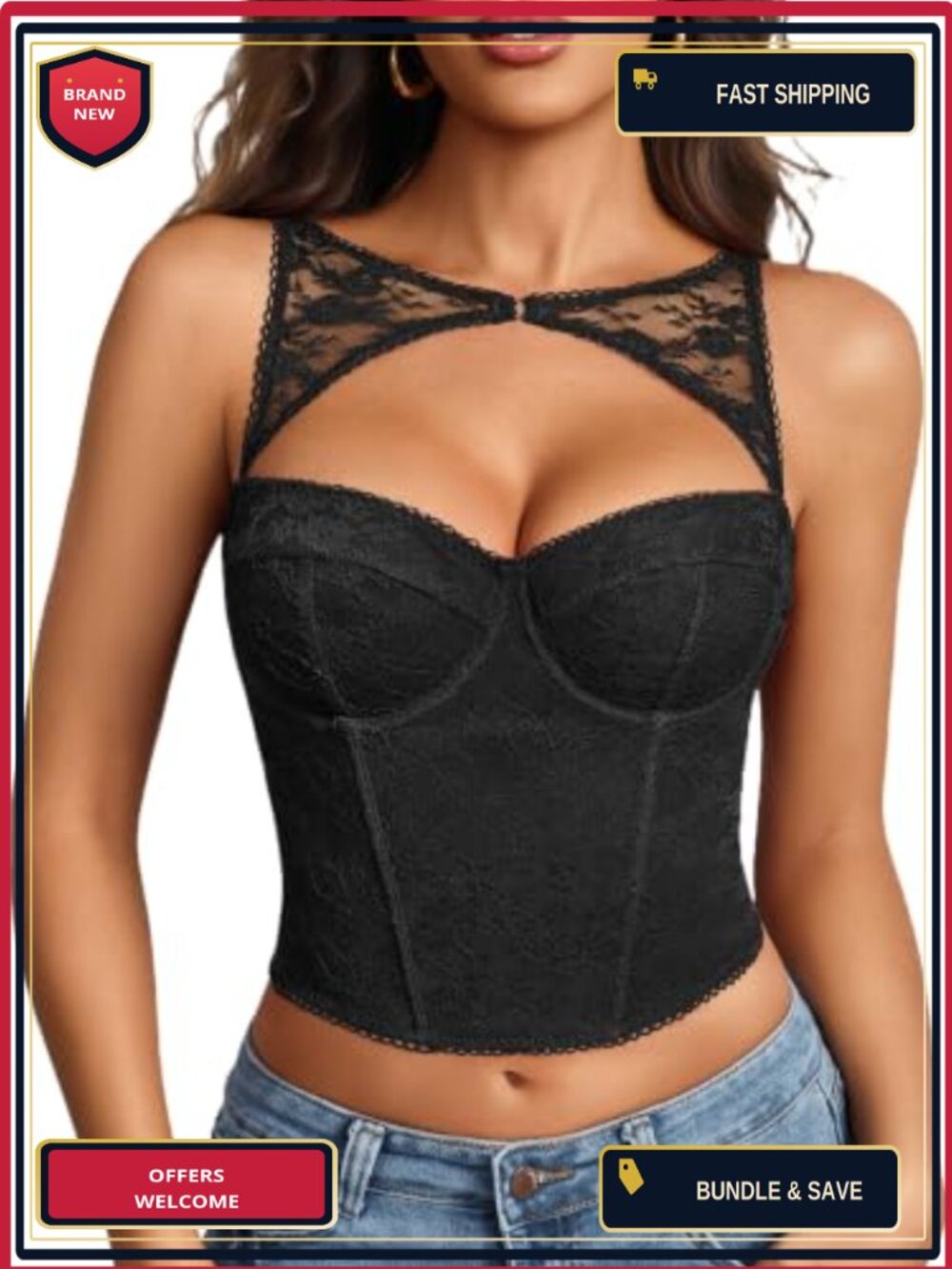 Lace Corset Top Cutout Bralette Underwire Waist Boning Y2K Cami